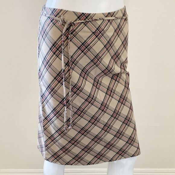 Vintage 90s Y2K Forever 21 Black Label Plaid Tan Pencil Skirt w Attached Belt - Picture 1 of 7